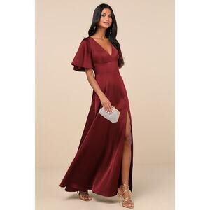 Lulus Elegant Confidence Red Satin Flutter Sleeve Cutout Maxi Dress - Size S